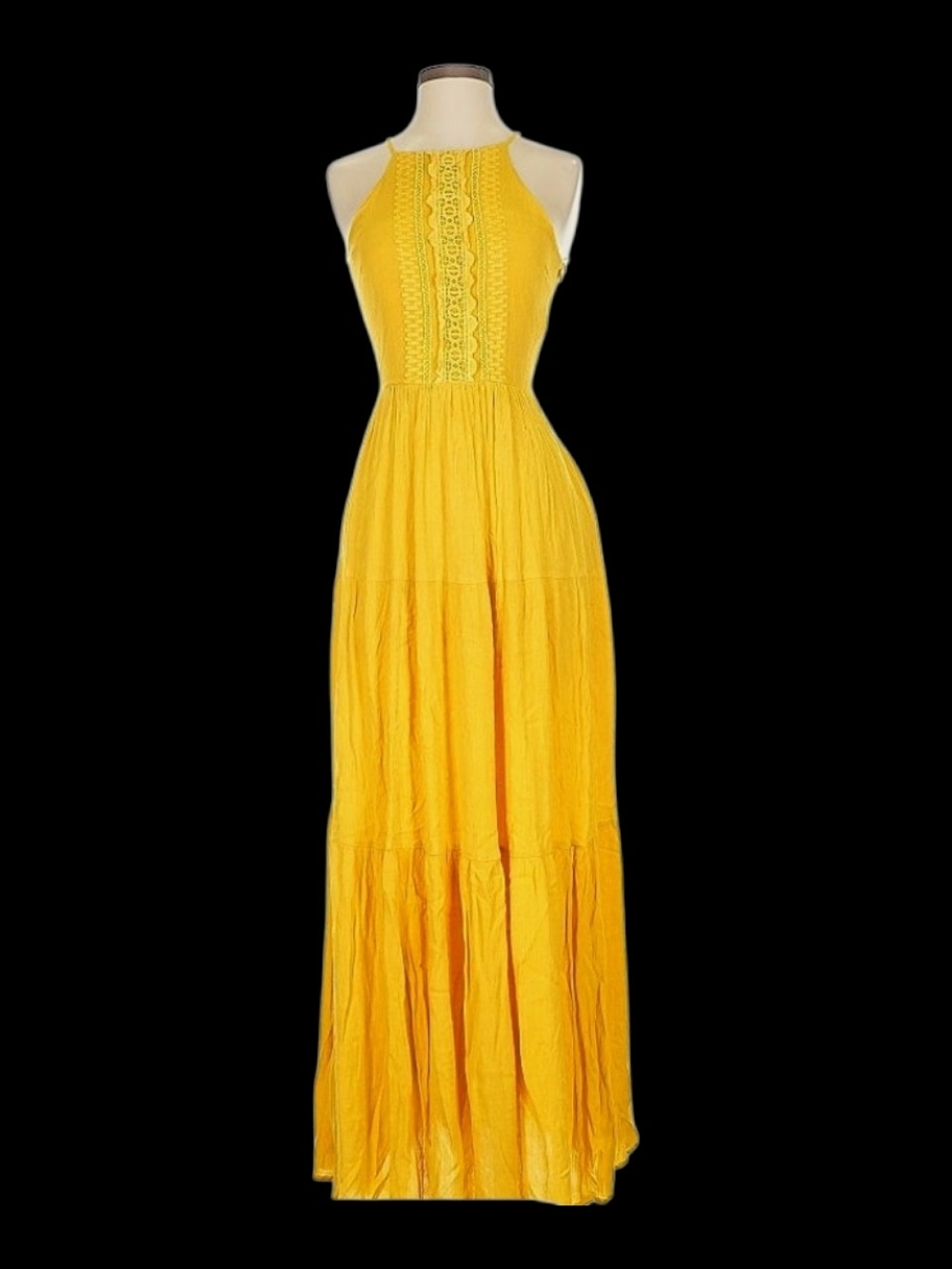 Lulu's Sunlit Yellow Halter Maxi Dress with Lace Panel